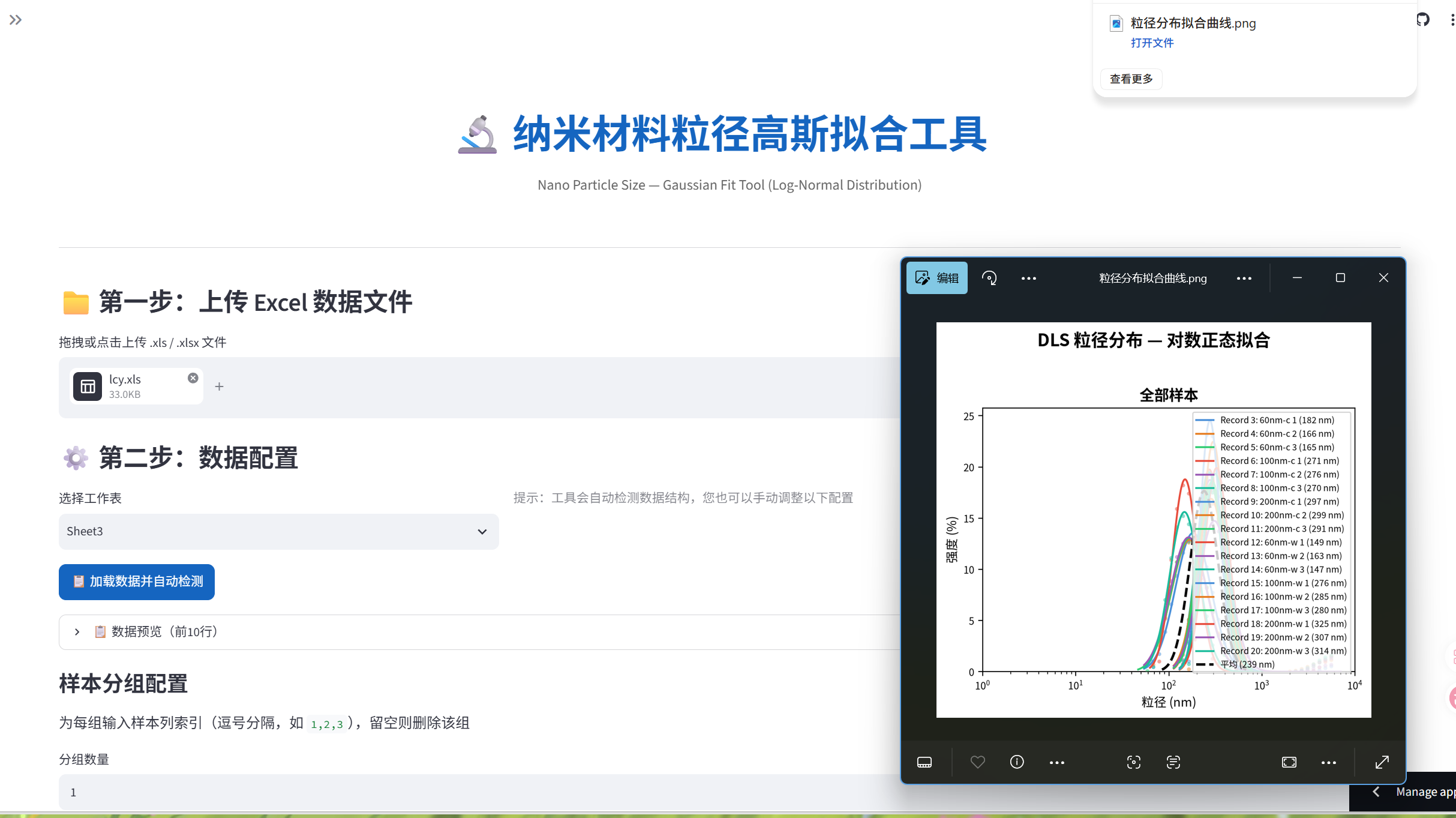 DLS 粒径分布对数正态拟合曲线